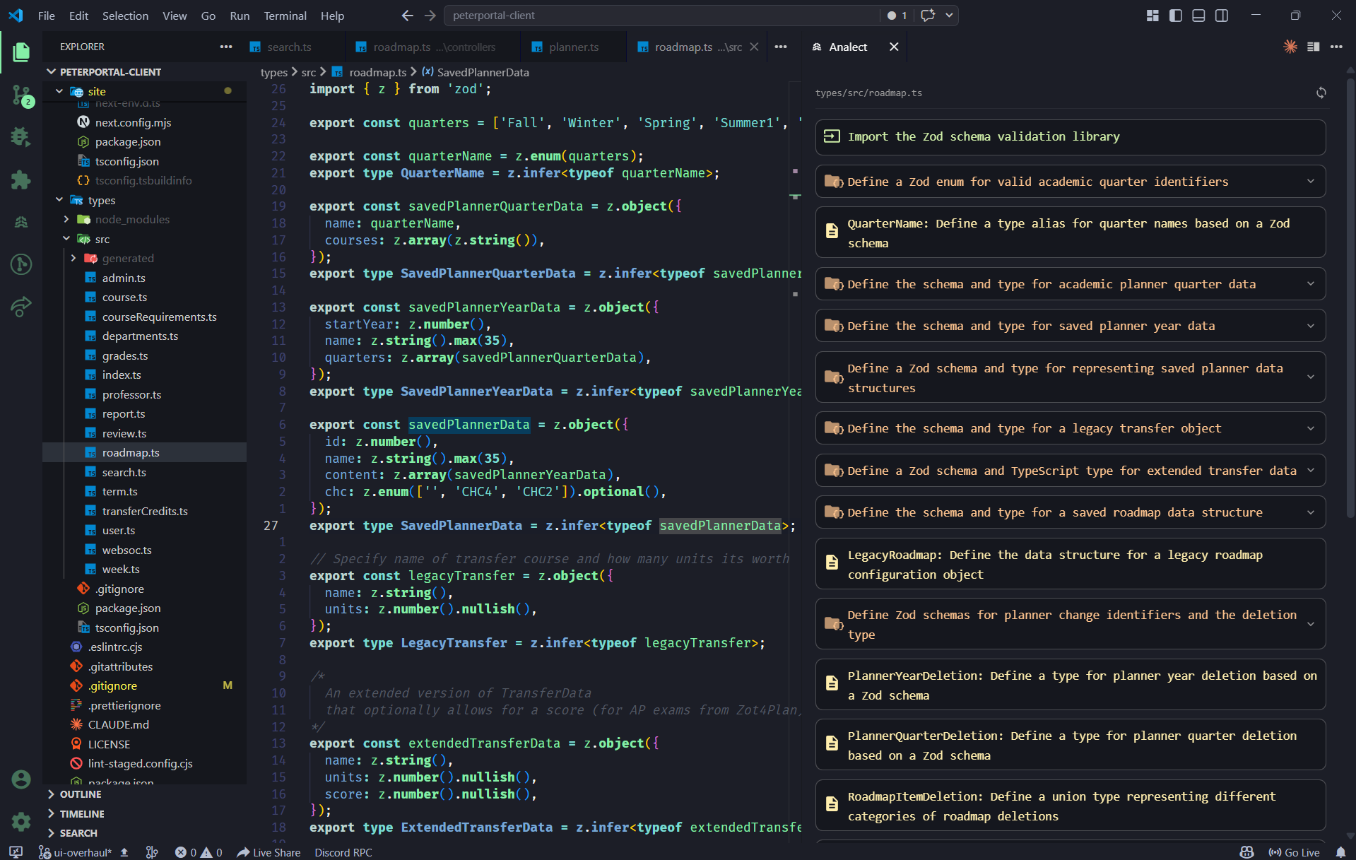Analect sidebar showing a tree of code summaries
